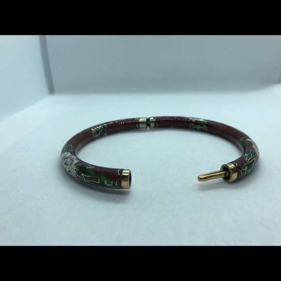 Vintage Burgundy Enamel Cloisonné Flower and leaf design hinged bracelet - Picture 2 of 2